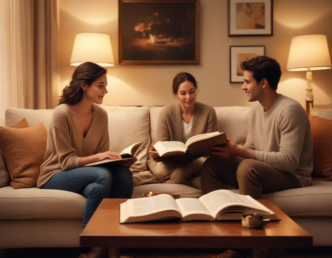 A warm and inviting scene of two adults sharing a heartfelt conversation in a cozy living room, surrounded by soft lighting and personal mementos. Their expressions reveal deep intimacy, understanding, and connection, with an open book on a coffee table symbolizing shared knowledge about relationships. In the background, gentle abstract shapes represent emotional growth and maturity. super-realistic. soft colors. inviting atmosphere.