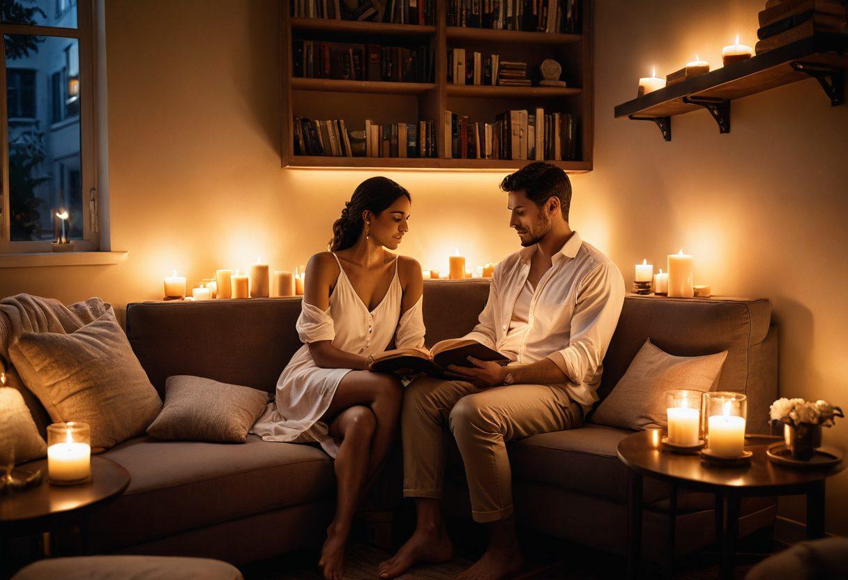 A warm, intimate setting depicting a diverse couple engaged in a deep conversation, surrounded by soft lighting, candles, and cozy furniture. Elements representing sexual wellness, like open books and calming essentials, are subtly integrated into the scene. The atmosphere is inviting, emphasizing connection and emotional depth. ultra-realistic. soft colors. intimate ambiance.